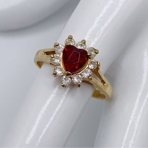 Vintage Heart Shaped Red Stone CZ Accent Gold Electro Plated Ring Stamped Taiwan